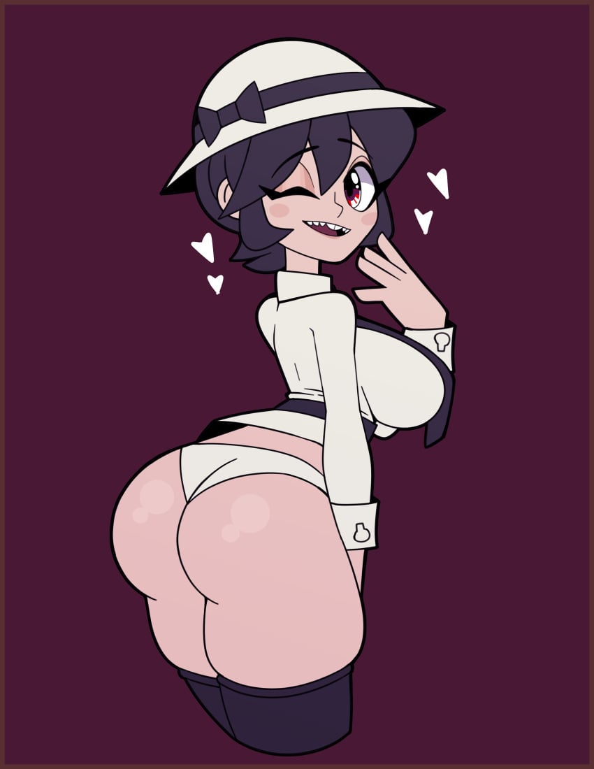 1girls ass back_view big_ass big_breasts clothed clothing female filia_(skullgirls) huge_ass jomokin no_pants no_skirt one_eye_closed open_mouth panties sideboob skullgirls solo tagme thick_thighs wide_hips