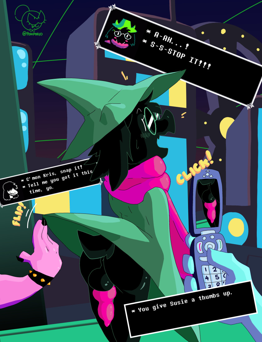 anthro balls blush clothed clothing deltarune dialogue english_text female fur furry hi_res knot kris_(deltarune) male male_focus penis ponporio_(artist) ralsei susie_(deltarune) tail text undertale_(series)