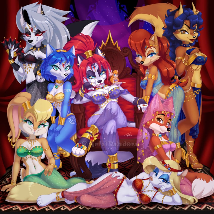 6+girls 9girls amber_eyes animaniacs anthro auburn_hair belly_dancer belly_dancer_outfit black_hair blonde_hair blue_eyes blue_hair bottomwear bunny_ears bunny_girl bunny_tail carmelita_fox chip_'n_dale_rescue_rangers cleavage clothing crossover dancer dancer_outfit disney eastern_and_western_character female female_only fox_ears fox_girl fox_tail foxgirl furry gadget_hackwrench harem harem_girl harem_outfit harem_pants helluva_boss jewelry krystal large_breasts loincloth lola_bunny looking_at_viewer loona_(helluva_boss) looney_tunes lots_of_jewelry maid_marian metalpandora minerva_mink mink mouse_ears mouse_girl mouse_tail mousegirl multiple_girls necklace original_character ponytail rabbit_ears rabbit_girl rabbit_tail red_eyes robin_hood_(disney) sally_acorn silver_hair slave slave_outfit slavegirl sly_cooper_(series) sonic_(series) sonic_the_hedgehog_(series) star_fox sucker_punch_productions throne warner_brothers wolf_ears wolf_girl wolf_tail