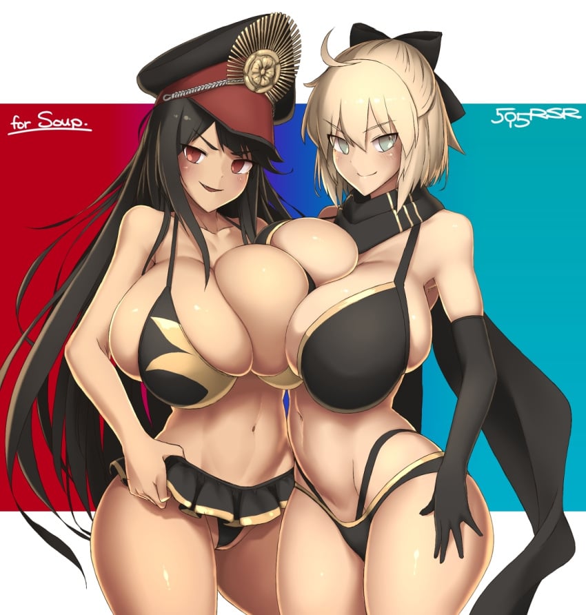 16.6_(artist) 2girls big_breasts bikini black_hair blonde_hair breasts bursting_breasts busty enormous_breasts fate/grand_order fate_(series) huge_breasts makino_momiji_(artist) massive_breasts miniskirt multiple_girls oda_nobunaga_(fate) okita_souji_(fate)_(all) tagme top_heavy voluptuous xyv_1