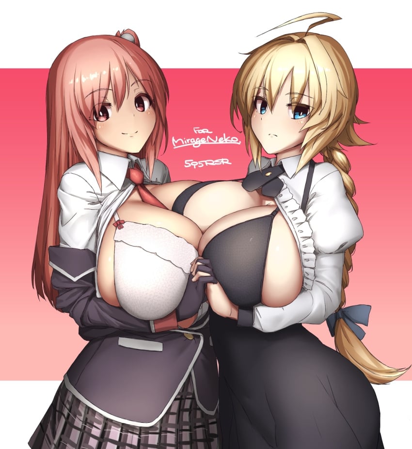 16.6_(artist) 2girls big_breasts blazblue blonde_hair breasts breasts_pressed_together bursting_breasts busty dead_or_alive enormous_breasts es_(xblaze) honoka_(doa) huge_breasts makino_momiji_(artist) massive_breasts multiple_girls pink_hair tagme top_heavy voluptuous xblaze xyv_1