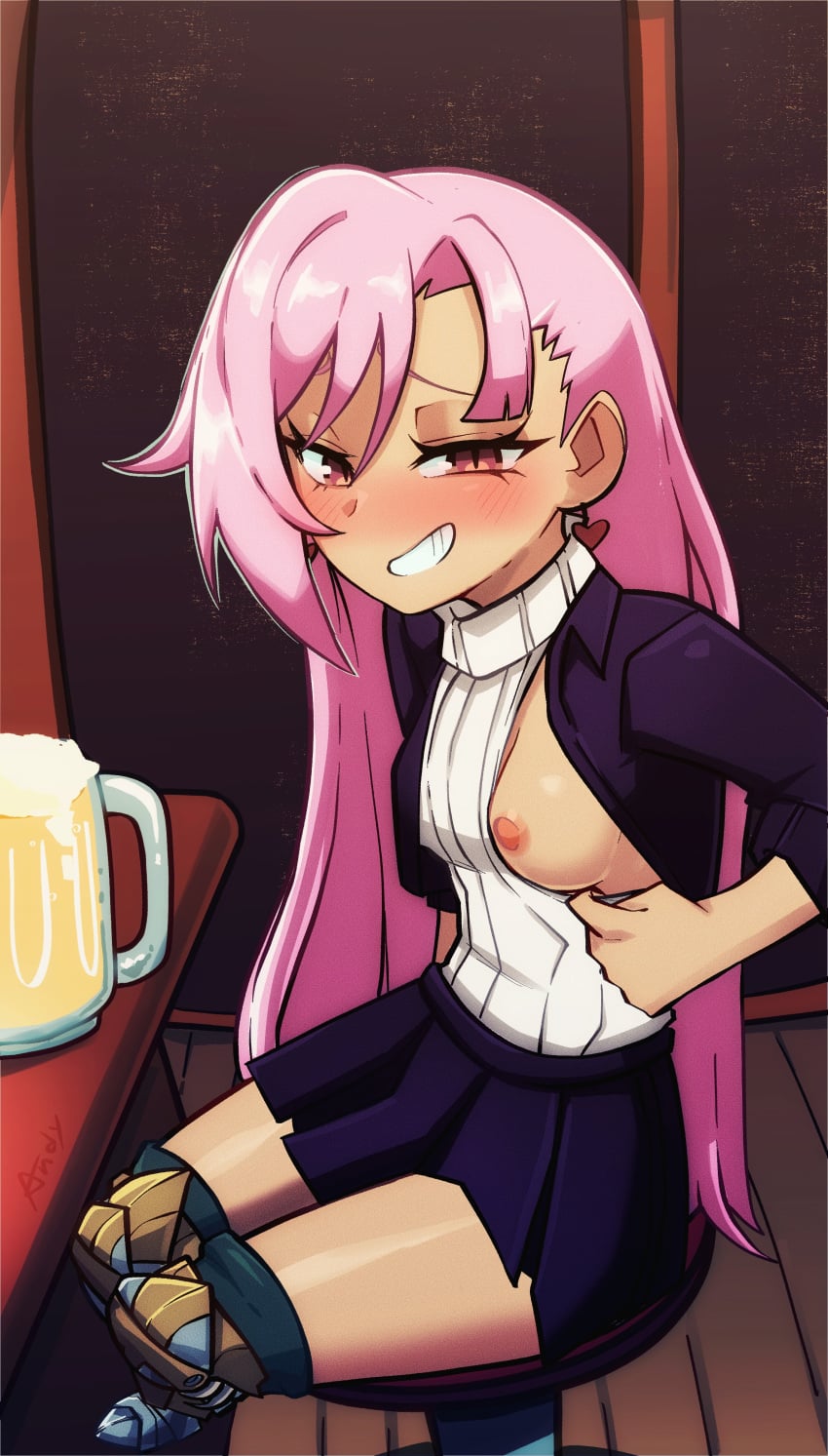 beer blush cute drinking drunk flashing flashing_breasts heart_shaped_earrings let_this_grieving_soul_retire! liz_smart nageki_no_bourei_wa_intai_shitai pink_hair pink_nipples smirk smirking smirking_at_viewer tan_skin tavern tease teasing teasing_viewer