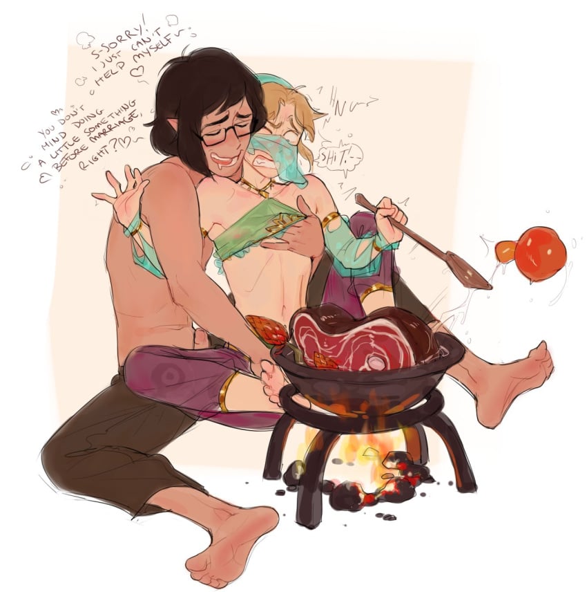 2boys black_hair blonde_hair bozai breath_of_the_wild canon_crossdressing cooking crossdressing femboy feminine_male gay gerudo_link gerudo_sirwal gerudo_top gerudo_veil glasses hylian hylian_ears lacryboy link link_(breath_of_the_wild) male/male male_only melanpsycholia the_legend_of_zelda trap veil yaoi