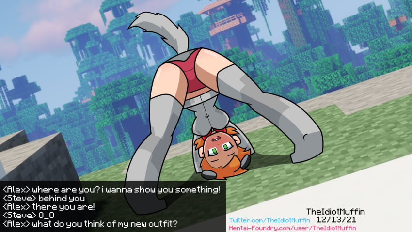 1girls alex_(minecraft) all_fours ass ass_up back_view bent_over blush clothed clouds cubic_body female green_eyes grey_hoodie hoodie jack-o_pose jungle looking_at_viewer microsoft minecraft mojang orange_hair panties petplay red_panties sky snow solo tail text text_box theidiotmuffin thigh_highs url wolf wolf_ears wolf_tail xbox_game_studios