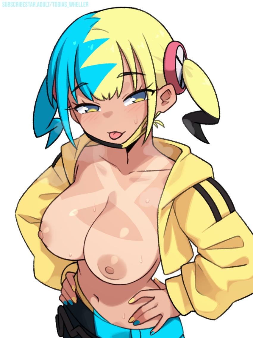 1girls 2025 2d :p black_hair black_mask black_pants blonde_hair blue_hair blue_nails blue_pants blush breasts canari_(pokemon) canary_(pokemon) female female_focus female_only highres jacket long_sleeves looking_at_viewer mask mask_pull medium_breasts mouth_mask multicolored_hair multicolored_nails nail_polish navel nintendo nipples pants pokemon pokemon_legends:_z-a short_twintails simple_background solo solo_female solo_focus steaming_body sweat tanline tanlines tobias_wheller tongue tongue_out topless twintails two-tone_pants white_background yellow_jacket yellow_nails