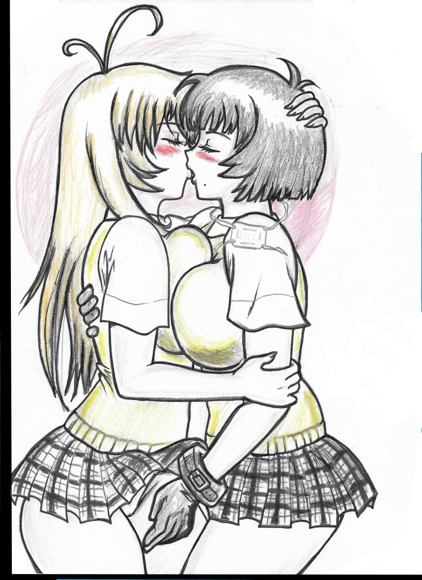 2012 blush bmasson33 breasts breasts_to_breasts eye_patch eyepatch eyepatch_removed hand_on_arm hand_on_back hand_on_head hand_on_thigh ikkitousen kissing kissing long_hair mole mole_under_mouth partially_colored ryomou_shimei school_uniform short_hair skirt skirt_lift sonsaku_hakufu yuri