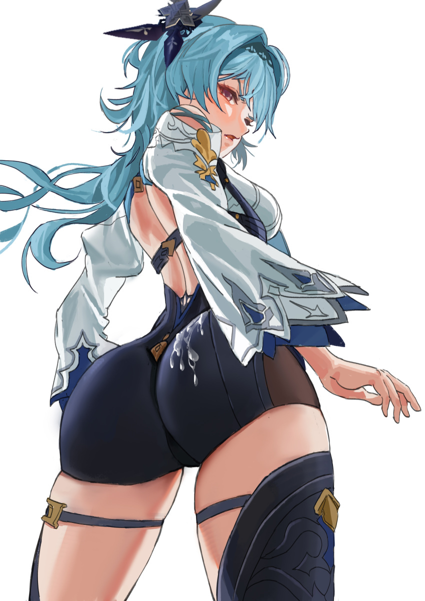 absurdres ass backless_leotard blue_eyes blue_hair breasts cum cum_on_ass cum_on_clothes d8800880 eula_(genshin_impact) female from_behind genshin_impact glaring gloves hairband half-closed_eyes highres leotard long_sleeves medium_hair open_mouth simple_background standing thigh_strap thighhighs white_background wide_sleeves