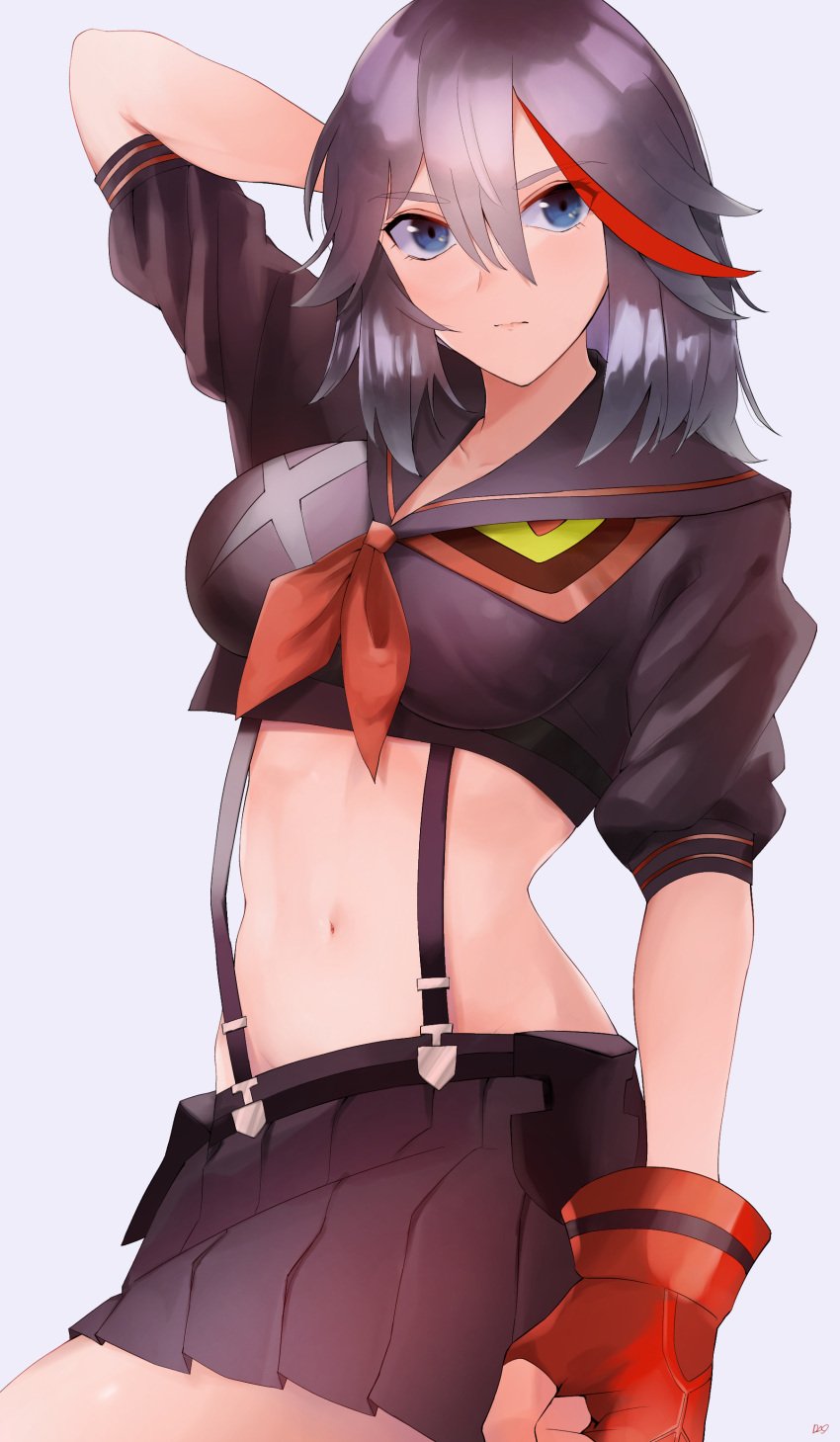 2021 abs arm_behind_head belly belly_button blue_eyes bow breasts clothed clothed_female dark_hair female female_only fully_clothed glove gloves grey_background hi_res high_resolution highres kamui_(kill_la_kill) kataku_musou kill_la_kill living_clothes looking_at_viewer matoi_ryuuko navel red_bow red_gloves school_uniform senketsu short_hair simple_background skirt thighs tomboy