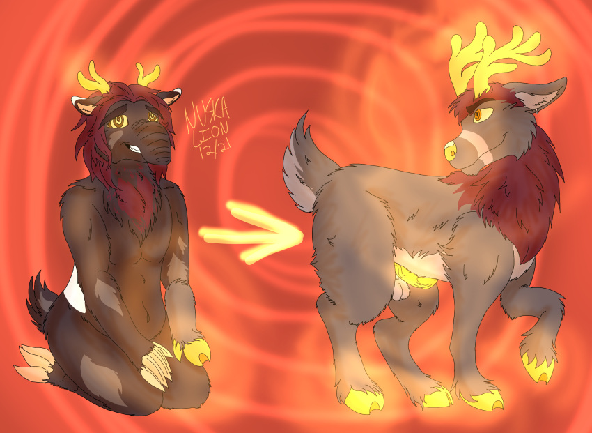 absurd_res anthro anthro_to_feral antlers brown_body brown_fur capreoline cervid claws fur genitals glowing glowing_antlers glowing_genitalia glowing_hooves glowing_horn glowing_nose glowing_penis gold_antlers hair hi_res hooves horn hypnosis hypnotic_eyes long_fur male mammal mane mind_control nuskalion penis proboscis_(anatomy) red_hair red_mane reindeer scut_tail short_tail smile solo species_transformation tapir transformation trunk_(anatomy) yellow_hooves yellow_horn yellow_nose yellow_penis