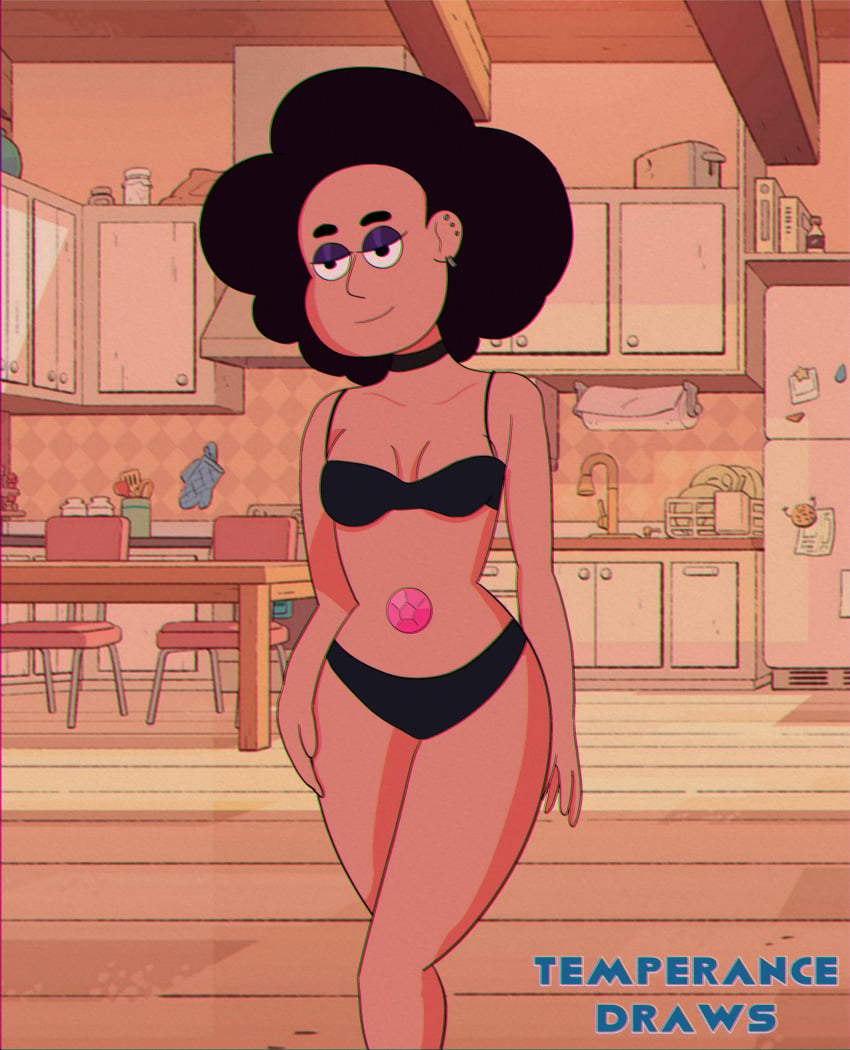 black_hair bra breasts cartoon_network choker curly_hair ear_piercing earrings eye_shadow female female_only gem goth panties pinup smile solo solo_female steven_universe stevonnie temperancedraws