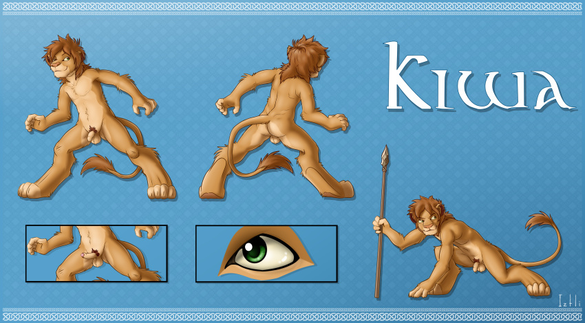 2014 absurd_res anthro ass balls crouching english_text erection felid foreskin genitals green_eyes hi_res humanoid_genitalia humanoid_penis iztli lion male mammal melee_weapon nude pantherine penis polearm pubes signature solo spear standing text weapon