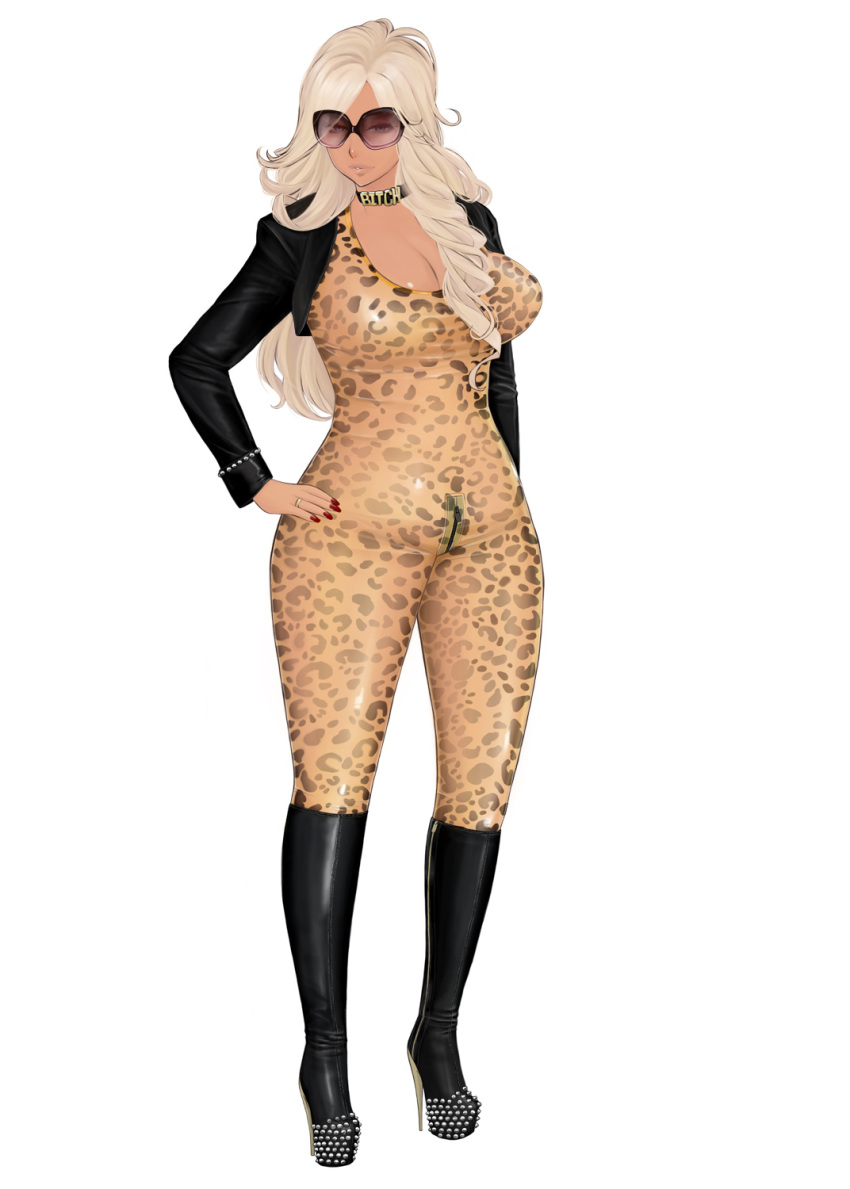 bodysuit boots choker glasses gyaru high_heel_boots high_heels komii leopard_print original_character