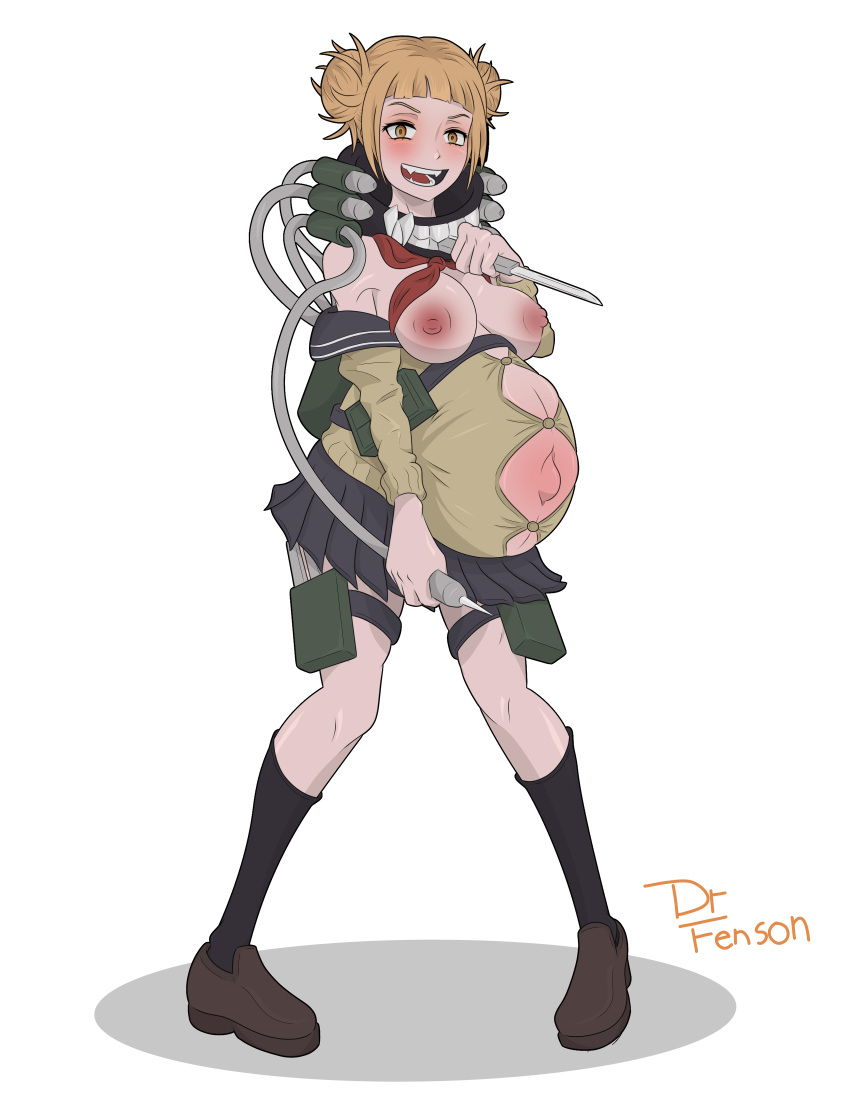 belly blonde_hair dr_fenson himiko_toga huge_belly knife my_hero_academia pregnant ready_to_pop solo_female tight_belly tight_clothing yandere yellow_eyes