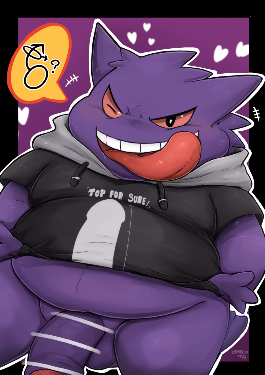 2021 96panda absurd_res anthro balls belly clothing erection gengar genitals heart hi_res hoodie humanoid_genitalia humanoid_penis kemono male male_only nintendo overweight overweight_male penis pokémon_(species) pokemon solo tongue tongue_out topwear video_games