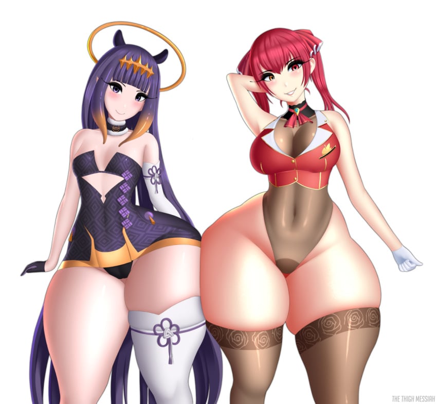 2girls armwear belly_button big_breasts big_hips big_thighs black_glove black_panties blush blushing_at_viewer bottom_heavy curvy_hips diadem dress female female_focus female_only flat_chest flat_chested gloves halo heterochromia highres hololive hololive_english houshou_marine huge_hips hyper_thighs large_hips long_hair massive_thighs medium_hair multicolored_hair narrow_shoulders ninomae_ina'nis orange_hair pale-skinned_female pale_skin panties pointy_ears purple_eyes purple_hair red_eyes red_hair slim_waist small_breasts small_waist smile stockings thethighmessiah thick thick_thighs thigh_highs thighhighs thighs thin_arms thin_waist tiara very_high_resolution very_long_hair virtual_youtuber voluptuous white_glove wide_hips