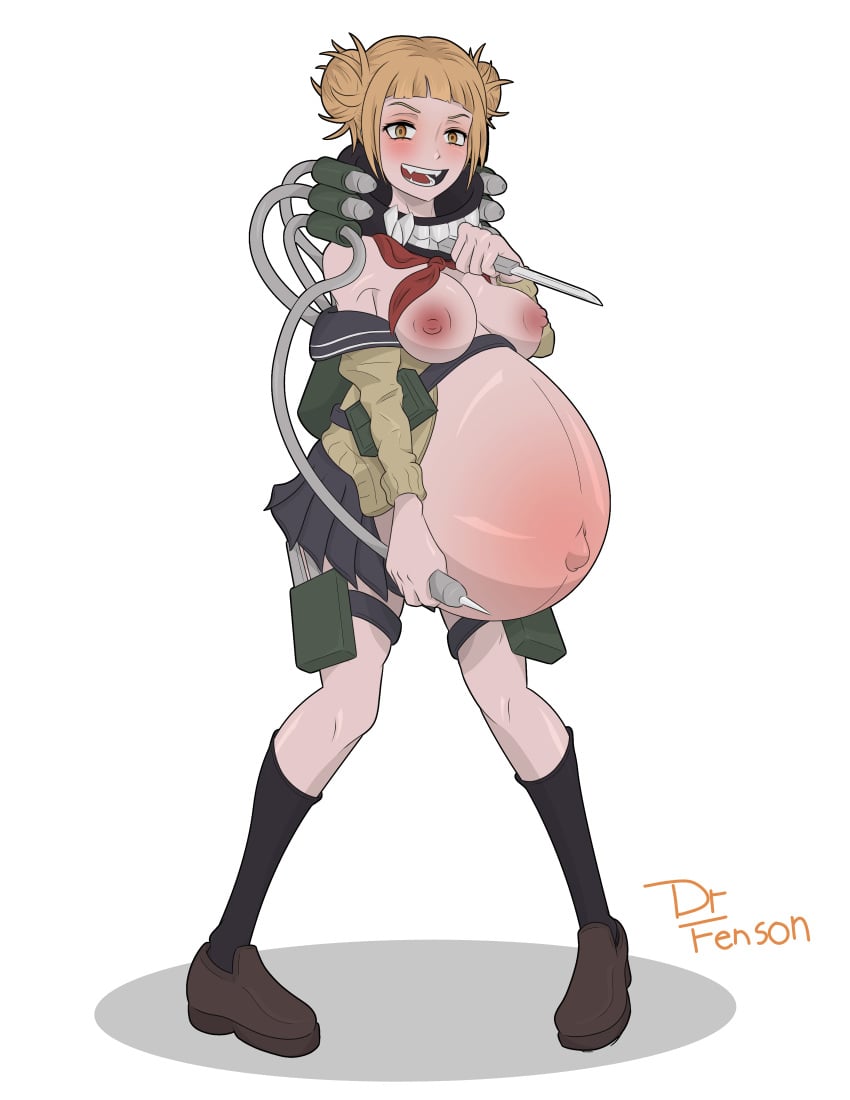 bangs belly big_belly blonde_hair contraption dirty_blonde_hair dr_fenson evil_grin front_view full_body hair_buns himiko_toga huge_belly hyper_pregnancy knees knife matching_hair/eyes messy_hair my_hero_academia outie_navel pigeon-toed pregnant ready_to_pop sidelocks solo_female syringe tight_belly tight_clothing white_background yandere yellow_eyes