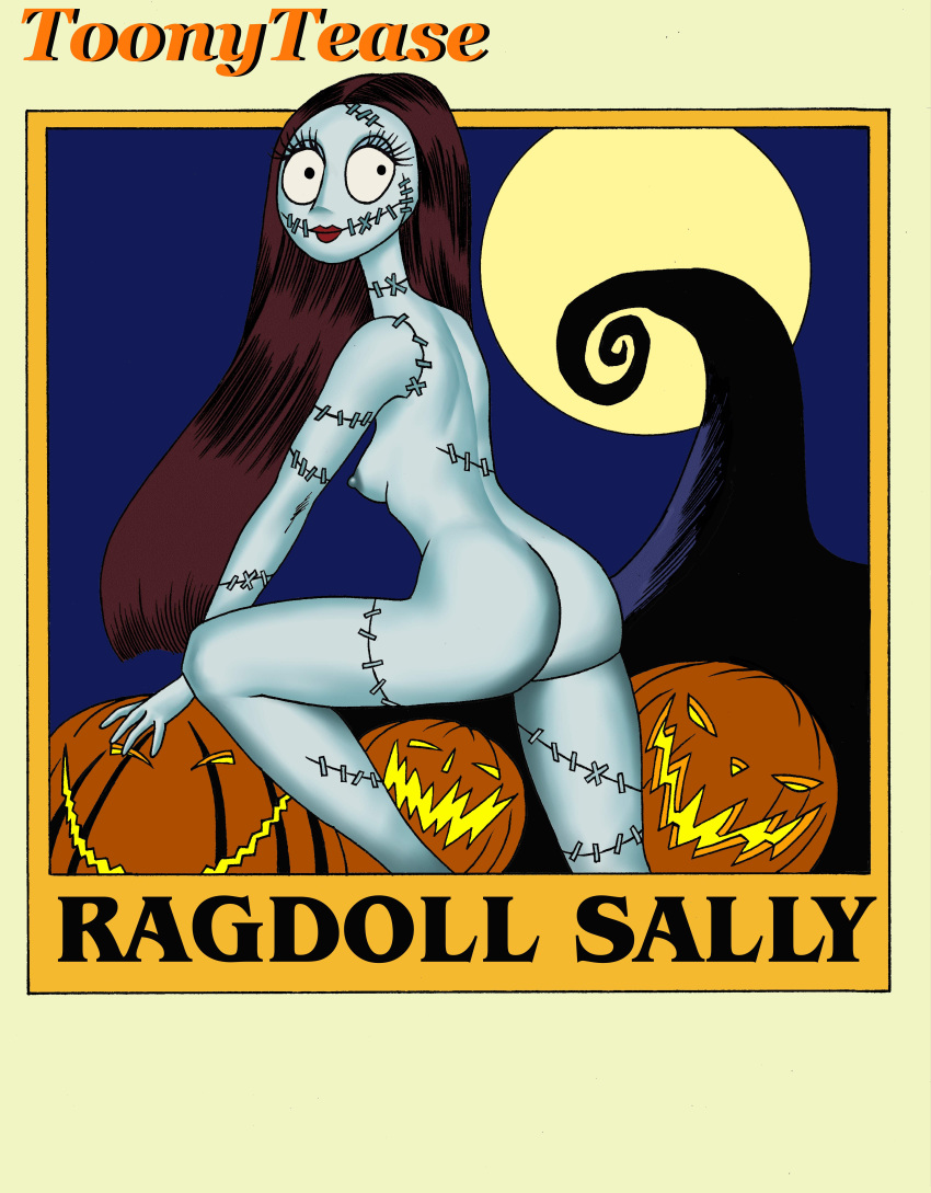 ass blue_skin brown_hair disney doll eyelashes female large_breasts lipstick long_hair looking_back moon night nightmare_before_christmas nipples nude pumpkin pumpkin_patch sally_(the_nightmare_before_christmas) solo stitches toonytease