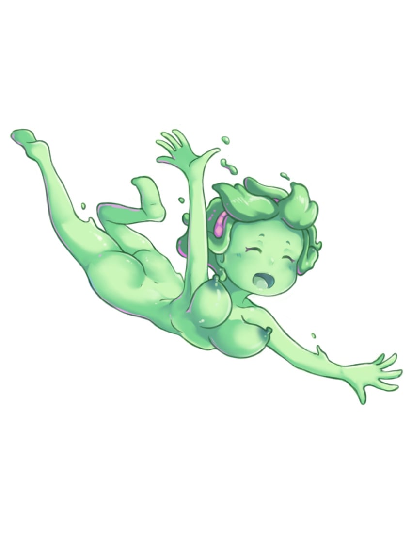 blob breasts cute falling gaming gel green_body green_skin hair_accessory hands-free having_fun kalia3see monster_girl reaching_out slime slime_(terraria) slime_girl slimey smooth_skin terraria white_background