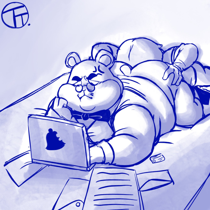 2021 anal angry animal_crossing anthro ass bed bow_tie computer cricetid duo eyewear front_view furniture glasses hamster hi_res humanoid_hands lying male mammal marlo_(animal_crossing) nintendo oral overweight overweight_male rimming rodent sex superchub trashtoonz video_games