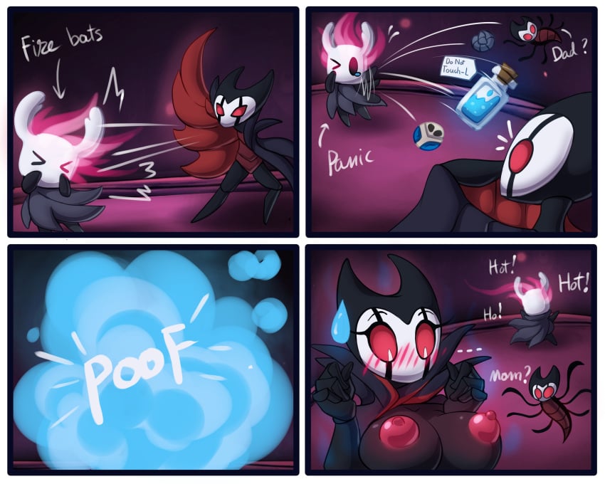 absurd_res azura_inalis blush bodily_fluids breasts burning comic english_text fecharis female gender_transformation grimm_(hollow_knight) grimmchild group hi_res hollow_knight humanoid mtf_transformation protagonist_(hollow_knight) rule_63 sans sweat sweatdrop swelling team_cherry text transformation video_games