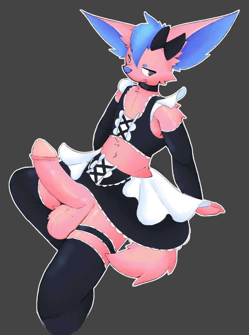 anthro balls big_ears big_penis bottomwear bow_ribbon canid canine clothing collar crop_top e-mana femboy foreskin frilly frilly_clothing fur genitals hi_res legwear looking_away maid_uniform male mammal navel penis pink_body pink_fur shirt sitting skirt solo thigh_highs topwear uncircumcised uniform