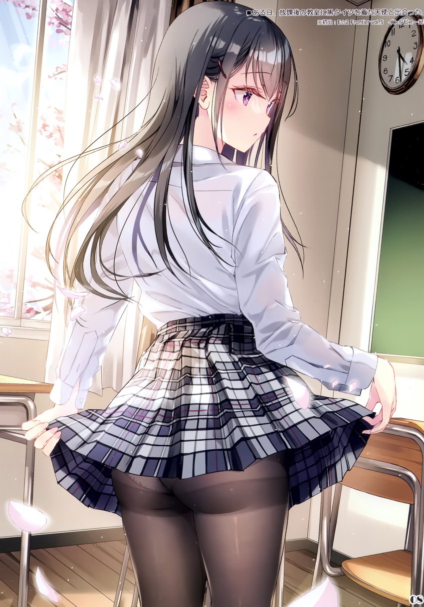 1girls absurdres ass black_hair blue_sky blush branch chair chalkboard cherry_blossoms classroom day desk female fingernails flower from_behind hair_ornament hairclip highres holding indoors kobayashi_chisato lifting_skirt long_hair long_sleeves original panties panties_under_pantyhose pantyhose petals purple_eyes scan school_desk shiny_clothes shirt skirt skirt_hold sky solo underwear window wooden_floor
