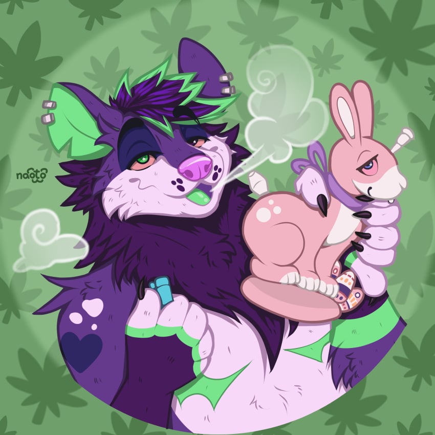 absurd_res american_opossum anthro bong bunny_bong drugs easter fumes hi_res holidays lagomorph leporid male mammal marijuana marsupial naoto pattern_background rabbit red_eyes relaxed_expression relaxing simple_background solo