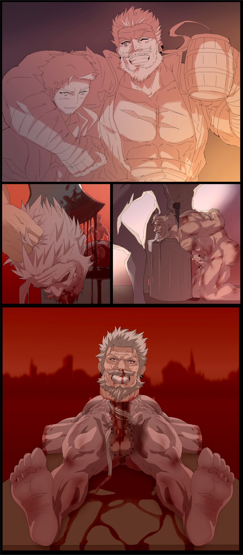 2boys abs balls bara beheaded blood censored cum cumshot death feet gore guro male male_death male_only muscles muscular reverse_blowjob soriz
