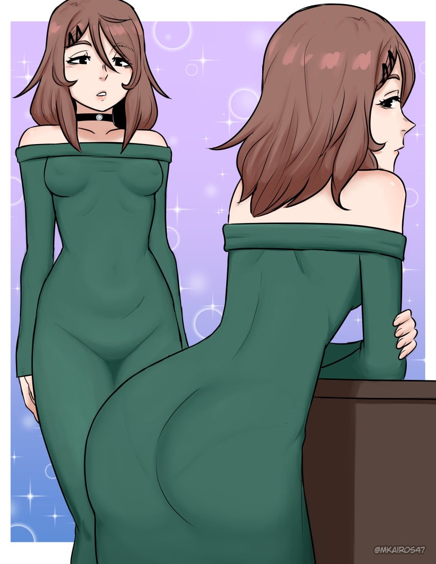 1girls ass ass_focus brown_hair collar dress female green_dress lilith_(mkairos47) mkairos47 oc