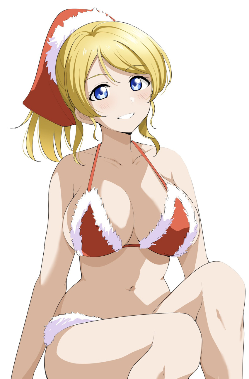 1girls ayase_eli barkhorn0331 big_breasts blonde_hair blue_eyes blush breasts christmas female female_focus female_only hi_res large_breasts looking_at_viewer love_live! love_live!_school_idol_project navel ponytail santa_costume santa_hat simple_background sitting smile solo solo_focus tagme white_background