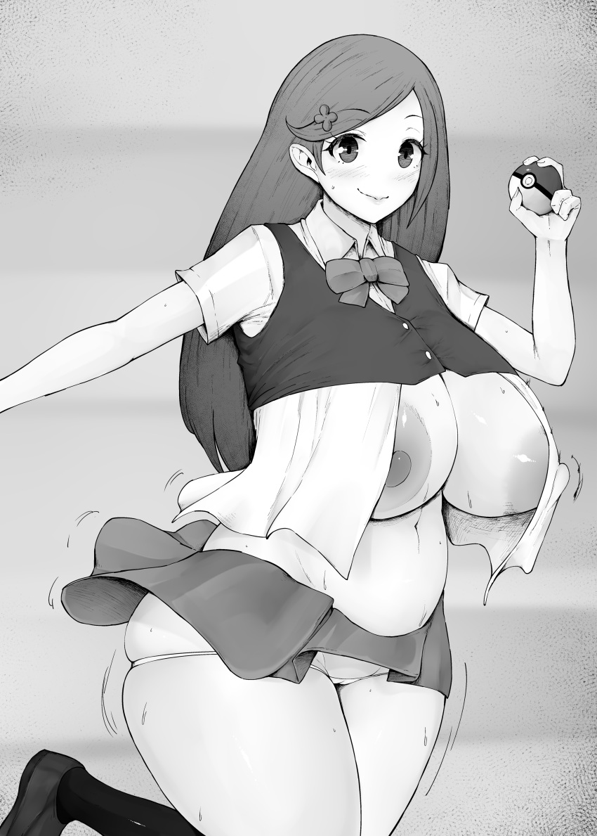 1girls alternate_breast_size big_breasts big_thighs blush female hair_ornament highres huge_breasts huge_nipples huge_thighs kurotama lass_(pokemon) lass_(pokemon_dppt) long_hair nintendo nipples npc_trainer open_clothes open_shirt plump pokeball pokemon pokemon_dppt skirt sweat sweatdrop sweating tagme thick_thighs thighs underwear voluptuous