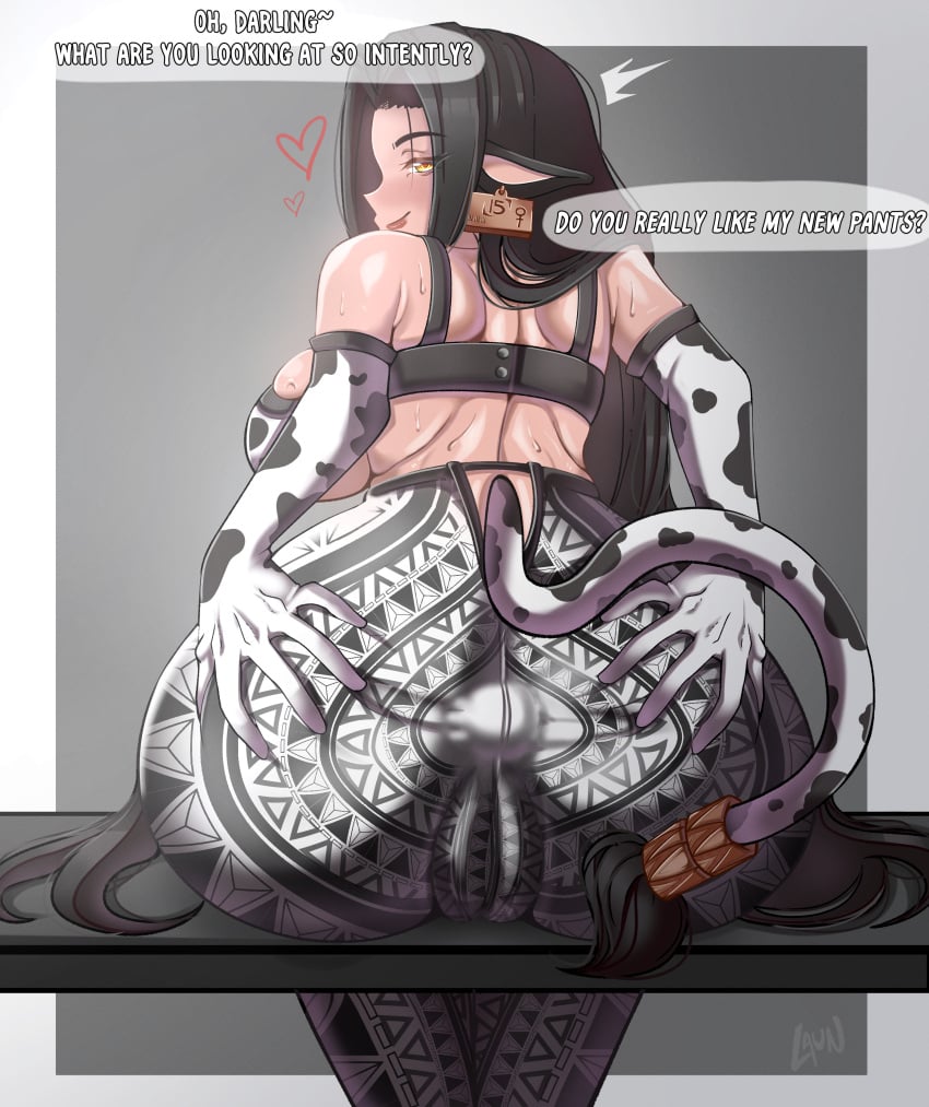 1girls anal_beads anal_insertion animal_ears ass buttplug cow_ears cow_tail dark_hair female flare_pants forbidden_pants laun original_character text very_long_hair