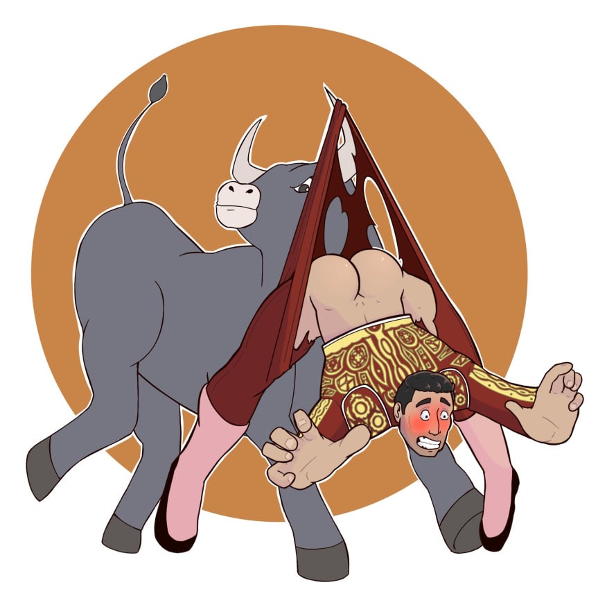 1boy ass black_hair blush bull bullfighter bullfighting clothing_damage embarrassed enm hanging_wedgie human male matador no_visible_genitalia pants_rip pants_ripping pantsed solo_male tvfish-art wedgie