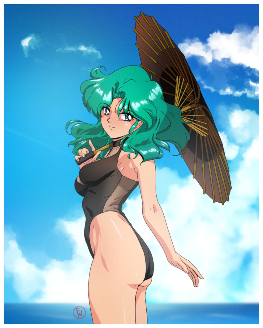 1girls absurd_res ass big_breasts bishoujo_senshi_sailor_moon black_one-piece_bikini blush closed_mouth day female fritz_willie green_eyes high_res highleg holding holding_umbrella long_hair looking_at_viewer michiru_kaiou ocean one-piece_swimsuit outside sailor_neptune sky smile solo swimsuit teal_hair umbrella wide_hips