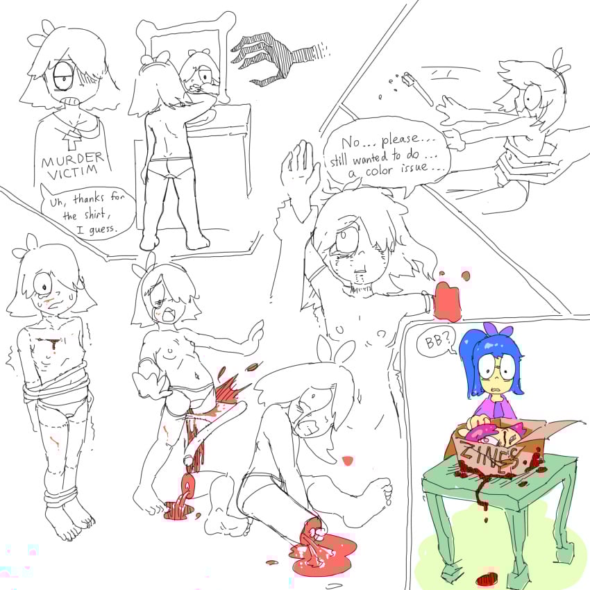 2girls anthology_of_the_killer axe bb_(anthology_of_the_killer) bb_(of_the_killer) beheaded blood blood_splatter blue_hair bondage bow bow_on_head cardboard_box comic comic_page corpse crying crying_with_eyes_open death decapitated_head decapitation dismembered_arm dismembered_leg dismemberment dr._bones_(artist) dying english english_dialogue female glasses lifeless_eyes murdered panties_only petite petite_body petite_female pink_hair ponytail shadow_creature shadow_hand shirt sketch sketch_page small_breasts snuff solo_focus table tied_up toothbrush victim victim_female yellow_skin zz_(of_the_killer)