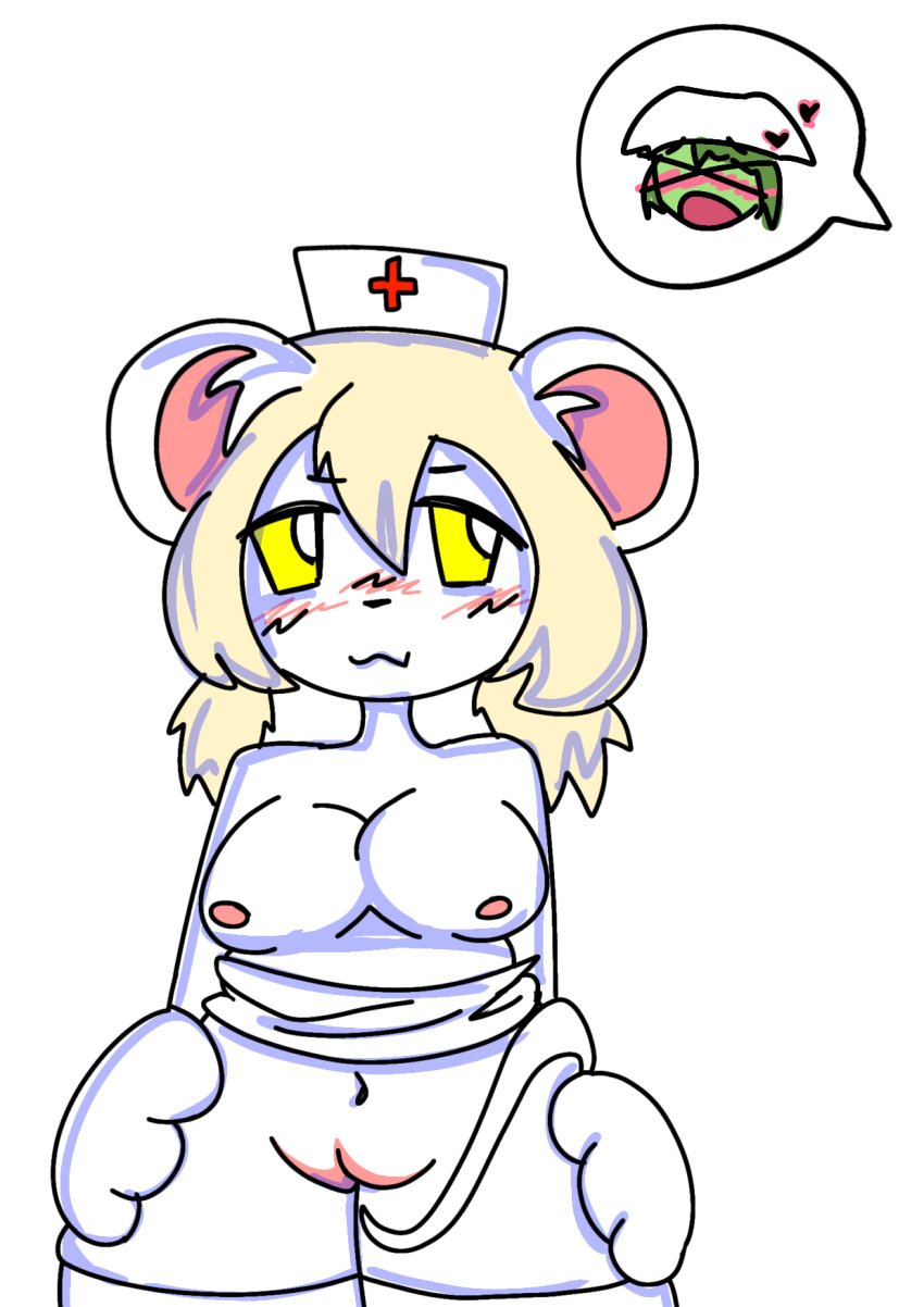 anthro black_eyes blonde_hair blush breasts clothing damm_(terrible_mouse) duo female fur furry genitals goo_creature goo_humanoid green_hair hair hat headgear headwear hi_res humanoid lorna lorna_(terrible_mouse) male mammal mouse murid murine nurse nurse_clothing nurse_headwear pussy rat rodent slime smile source_request tagme tail terrible_mouse unknown_artist white_body white_fur yellow_eyes