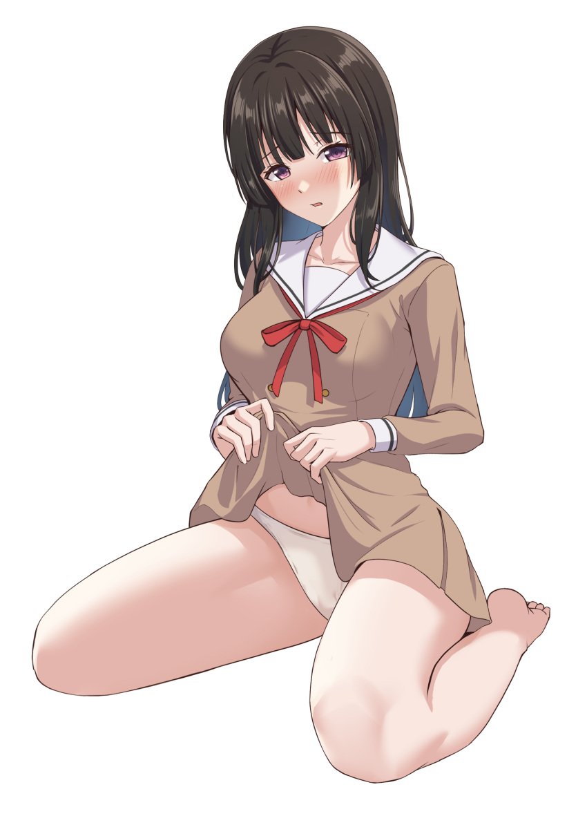 1girls absurdres bang_dream! bare_legs barefoot black_hair blunt_bangs blush brown_dress buttons clothes_lift collarbone dress dress_lift female full_body hanasakigawa_school_uniform hands_up highres lifting_own_clothes long_hair long_sleeves looking_at_viewer neck_ribbon panties parted_lips ptal purple_eyes raised_eyebrows red_ribbon ribbon sailor_collar school_uniform serafuku shirokane_rinko short_dress sidelocks simple_background sitting solo underwear wariza white_background white_panties white_sailor_collar yokozuwari