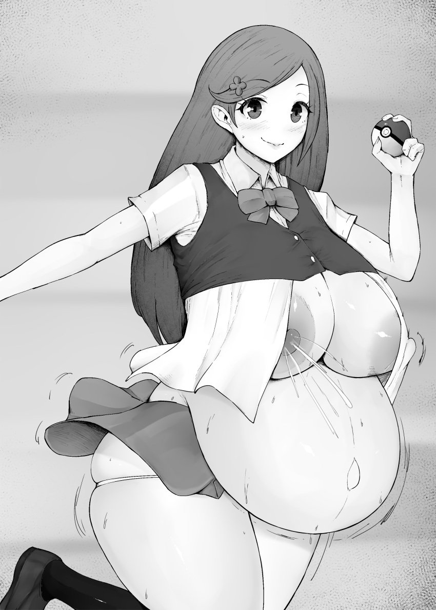 1girls alternate_breast_size big_breasts big_thighs blush female hair_ornament highres huge_breasts huge_nipples huge_thighs kurotama lactation lass_(pokemon) lass_(pokemon_dppt) long_hair nintendo nipples npc_trainer open_clothes open_shirt plump pokeball pokemon pokemon_dppt pregnant skirt sweat sweatdrop sweating tagme thick_thighs thighs underwear voluptuous