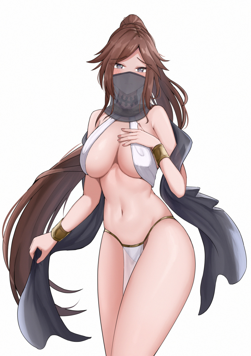 1girls 2021 arm_up armwear bare_shoulders barely_clothed belly belly_button big_breasts blush breasts brown_hair clothed clothed_female female female_only grey_eyes highres iro_(boo_iro) khan_the_swift last_origin long_hair looking_at_viewer navel necklace panties pelvic_curtain simple_background thick_thighs thighs underboob veil white_background