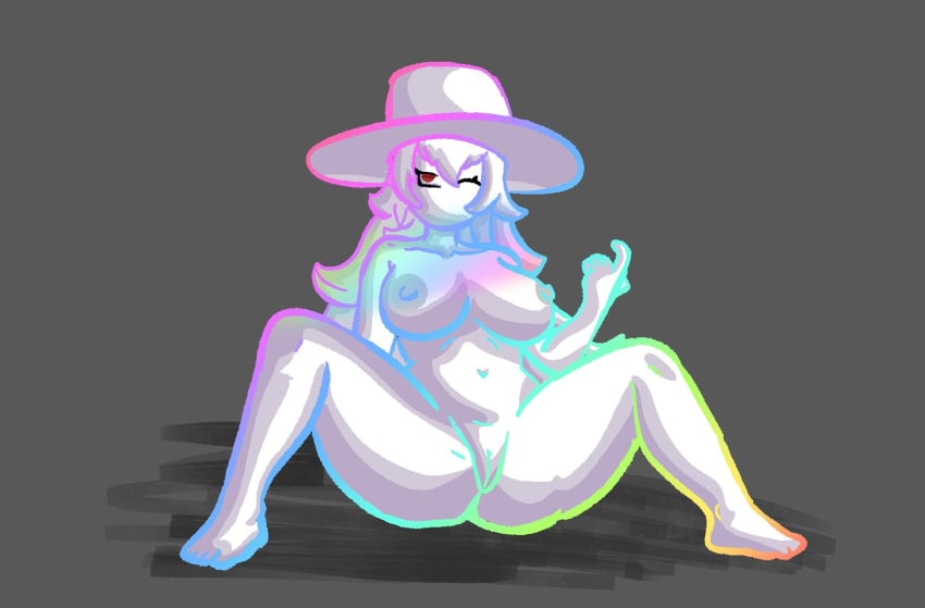 1girls belly belly_button brim_hat chetoh commission commissioner_upload completely_nude dan_(null_y34r) dave_and_bambi_mod feet female female_focus female_only fingers fnf_mods friday_night_funkin friday_night_funkin_mod gijinka grey_background grey_nipples hat inviting inviting_viewer legs_spread long_hair long_hair_female long_white_hair looking_at_viewer naked naked_female nipples no_mouth nude nude_female oblivion_dan one_eye_closed pussy rainbow rainbow_outline red_eyes rule_63 sitting thighs toes white_body white_hair white_hat