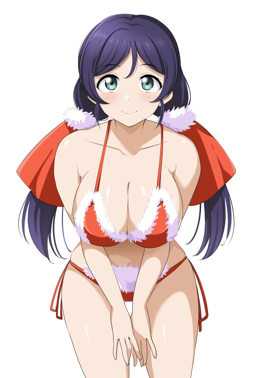 1girls 2021 bare_shoulders barkhorn0331 belly big_breasts blue_eyes blush bra breasts christmas christmas_outfit cleavage female female_only hi_res high_resolution highres large_breasts looking_at_viewer looking_up love_live! love_live!_school_idol_project panties purple_hair smile swimsuit thighs toujou_nozomi twintails