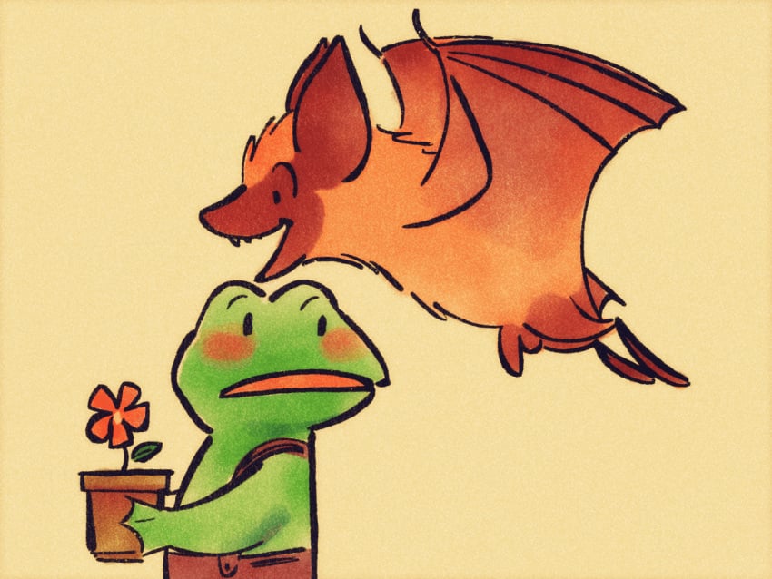 2d_animation amphibian animated anthro bat blush brown_body brown_fur clothed clothing duo flapping_wings flower fluffy flying frame_by_frame frog fur genitals green_body humanoid_genitalia humanoid_penis licking looking_at_another looking_at_genitalia looking_at_object looking_at_penis male male/male mammal nude oral penile penis penis_lick plant plant_pot sex short_playtime simple_background smile tongue vickydanne yellow_body yellow_fur