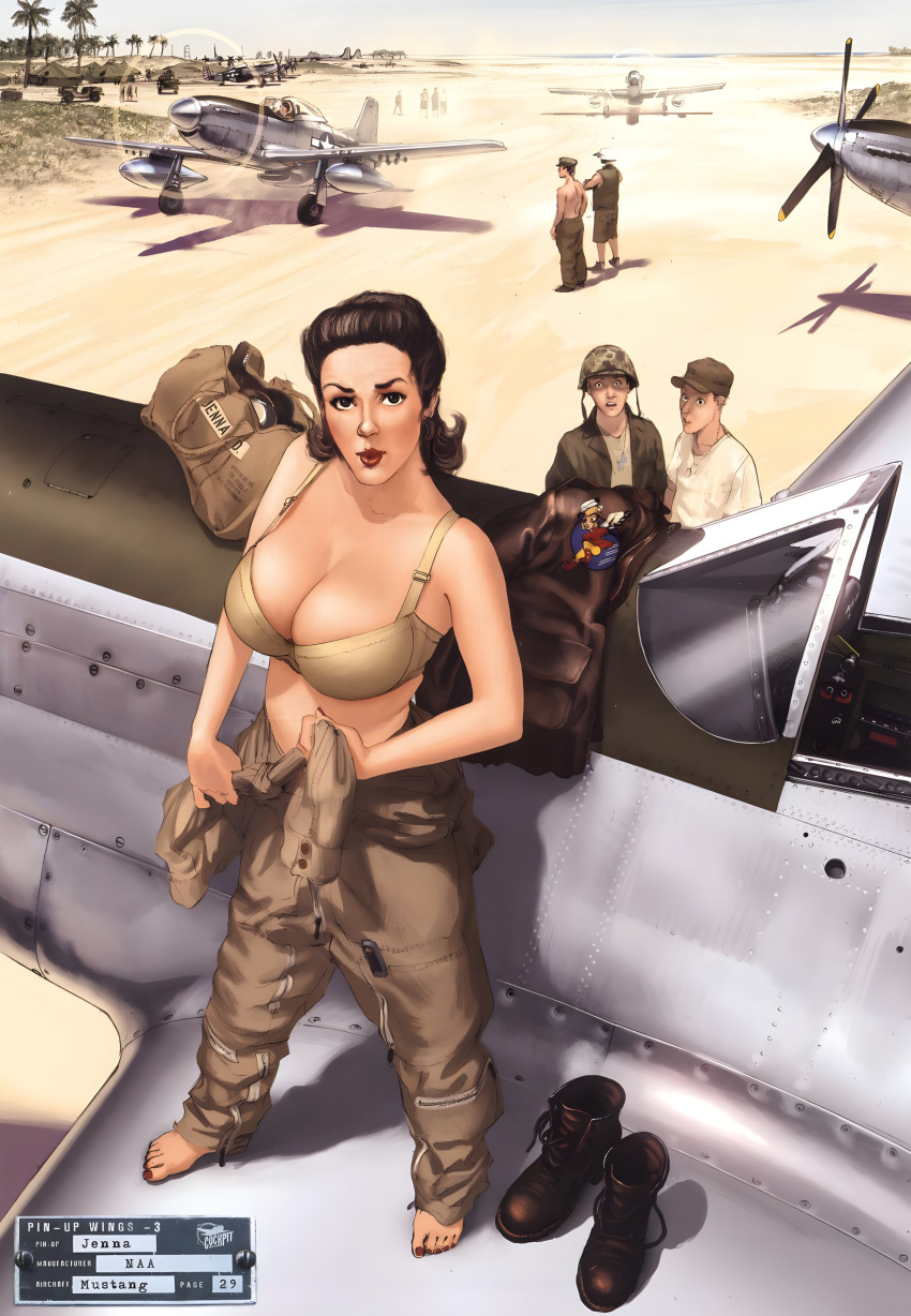 1girls airplane big_breasts bra brunette female female_focus military_uniform p-51_mustang pinup romain_hugault world_war_2