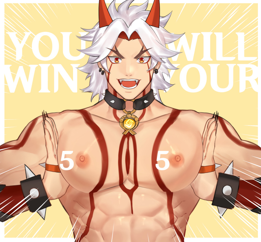 0vv0b 1boy abs arataki_itto choker eyebrows fangs genshin_impact grey_hair horns looking_at_viewer male male_only manboobs muscles muscular muscular_male nipples orange_eyes pecs solo spiked_bracelet tattoo white_hair