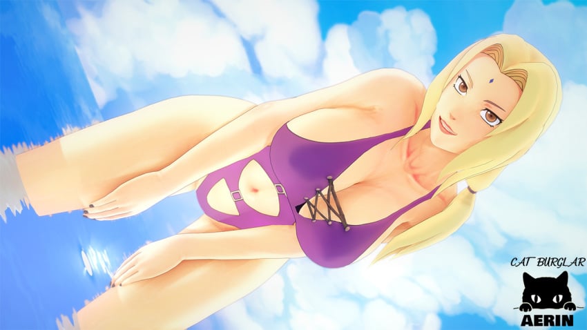 3d catburglaraerin koikatsu naruto naruto_shippuden one-piece_swimsuit seaside tsunade