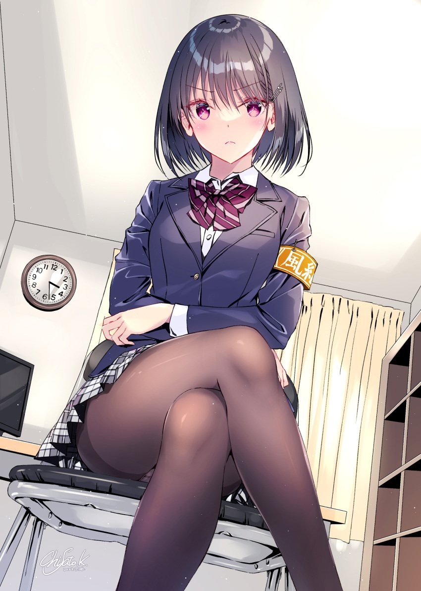 1girls armband black_hair black_jacket black_pantyhose blazer bow bowtie clock closed_mouth collared_shirt crossed_arms crossed_legs dated feet_out_of_frame female frown hair_ornament hairclip highres indoors jacket kobayashi_chisato legs long_sleeves looking_at_viewer looking_down_at_viewer on_chair original pantyhose purple_bow purple_bowtie purple_eyes school_uniform shirt short_hair signature sitting skirt solo wall_clock white_shirt white_skirt