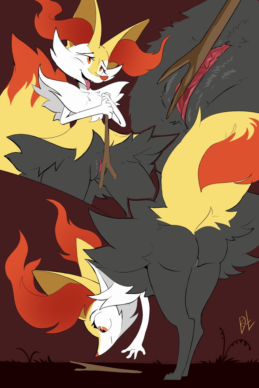 2:3 absurd_res anthro ass braixen branch canid canine close-up dark-tangerine_(artist) female fox fur generation_6_pokemon genitals grey_body hi_res looking_pleasured mammal masturbation nintendo pokemon pokemon_(species) pussy solo standing tail tongue tongue_out yellow_body