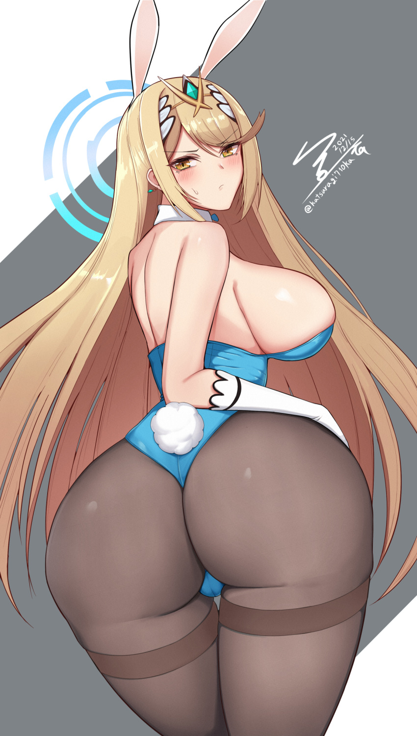 1girls 2021 2d alternate_version_available artist_signature ass ass_focus ass_shot asuna_(bunny)_(blue_archive)_(cosplay) back_view bangs blonde_hair blue_archive blue_leotard blush breasts bubble_butt bunny_ears bunny_girl bunny_tail bunnysuit embarrassed female female_only gold_eyes hair_ornament halo hi_res highleg_leotard huge_ass huge_breasts katsuragi710ka katsuragi_nantoka large_ass latex leotard long_hair looking_at_viewer mythra nintendo outfit_swap sheer_legwear sideboob simple_background solo swept_bangs thick_thighs thigh_gap thighs tiara tights xenoblade_(series) xenoblade_chronicles_2