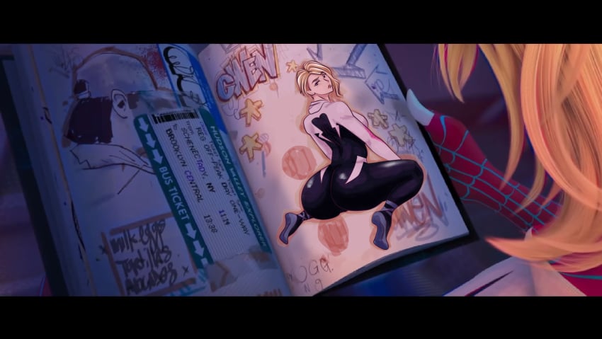 1girls ass big_ass blonde_hair blue_eyes canonical_scene female female_only gwen_art_check gwen_stacy huge_ass marvel marvel_comics meme solo spider-gwen spider-man:_across_the_spider-verse spider-man:_into_the_spider-verse spider-man_(series) supernova_(artist)