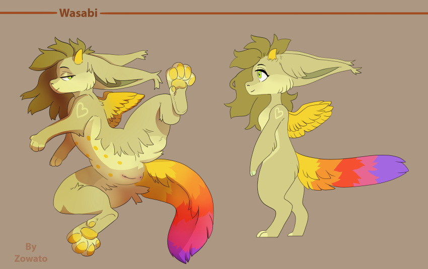 anthro breasts dragon female feral flat_chested hi_res multicolored_tail pawpads paws rainbow_tail reference_image size_difference small_breasts smaller_female solo wasabi_the_dragon wings zowato